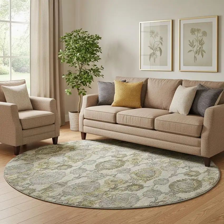 8' Khaki And Gray Damask Washable Round Rug With UV Protection Photo 1