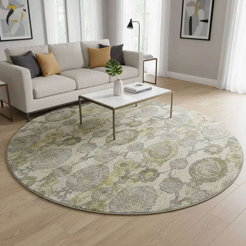 8' Khaki And Gray Damask Washable Round Rug With UV Protection Photo 2