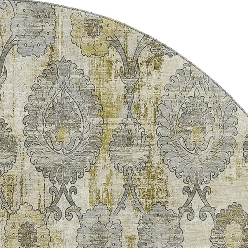 8' Khaki And Gray Damask Washable Round Rug With UV Protection Photo 3