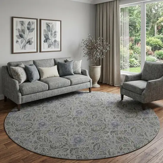 8' Khaki And Gray Floral Washable Round Rug With UV Protection Photo 1