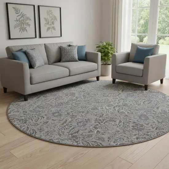 8' Khaki And Gray Floral Washable Round Rug With UV Protection Photo 1