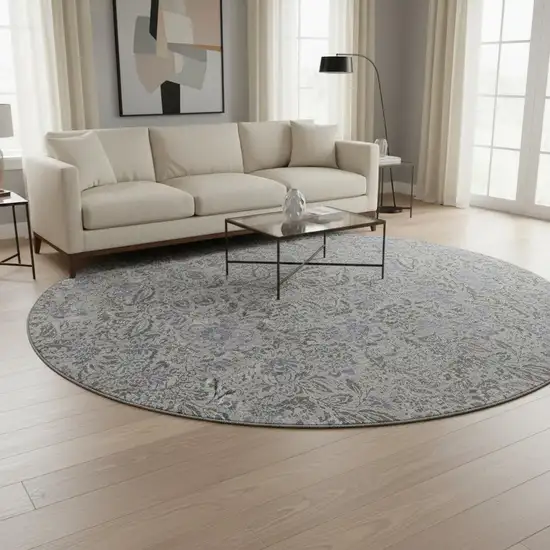8' Khaki And Gray Floral Washable Round Rug With UV Protection Photo 2