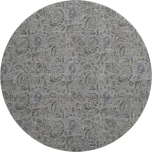 Photo of 8' Khaki And Gray Floral Washable Round Rug With UV Protection
