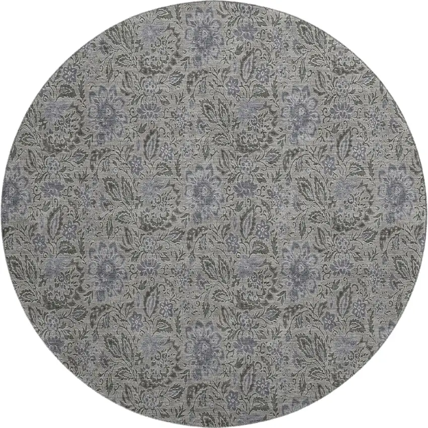 8' Khaki And Gray Floral Washable Round Rug With UV Protection Photo 1