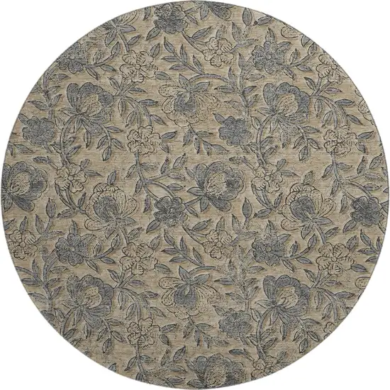8' Khaki And Gray Floral Washable Round Rug With UV Protection Photo 1