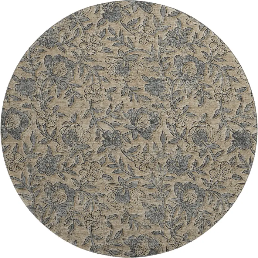 8' Khaki And Gray Floral Washable Round Rug With UV Protection Photo 1