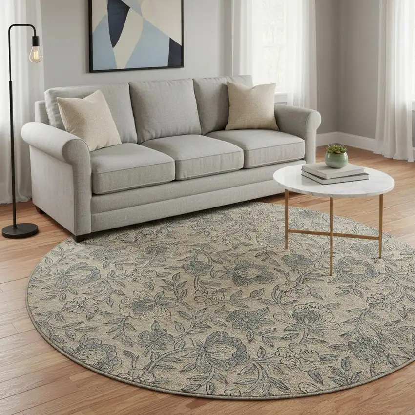 8' Khaki And Gray Floral Washable Round Rug With UV Protection Photo 2