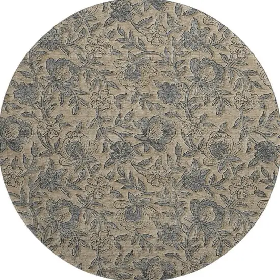 8' Khaki And Gray Floral Washable Round Rug With UV Protection Photo 4