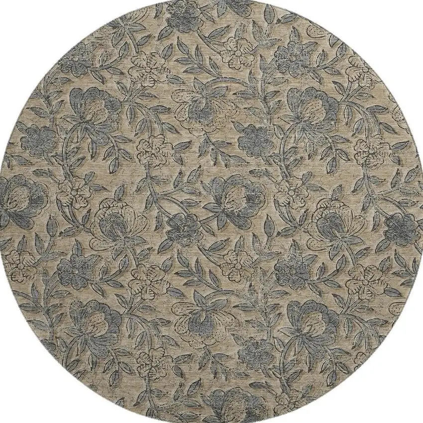 8' Khaki And Gray Floral Washable Round Rug With UV Protection Photo 4