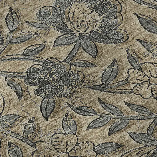 8' Khaki And Gray Floral Washable Round Rug With UV Protection Photo 9