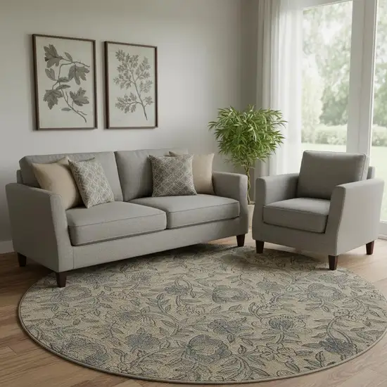 8' Khaki And Gray Floral Washable Round Rug With UV Protection Photo 1