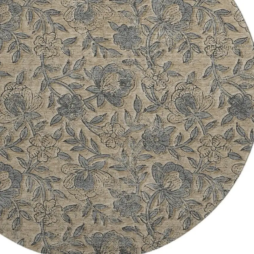 8' Khaki And Gray Floral Washable Round Rug With UV Protection Photo 4