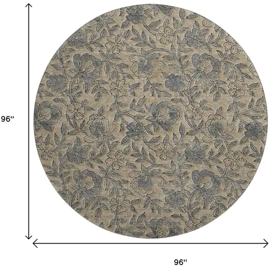 8' Khaki And Gray Floral Washable Round Rug With UV Protection Photo 3