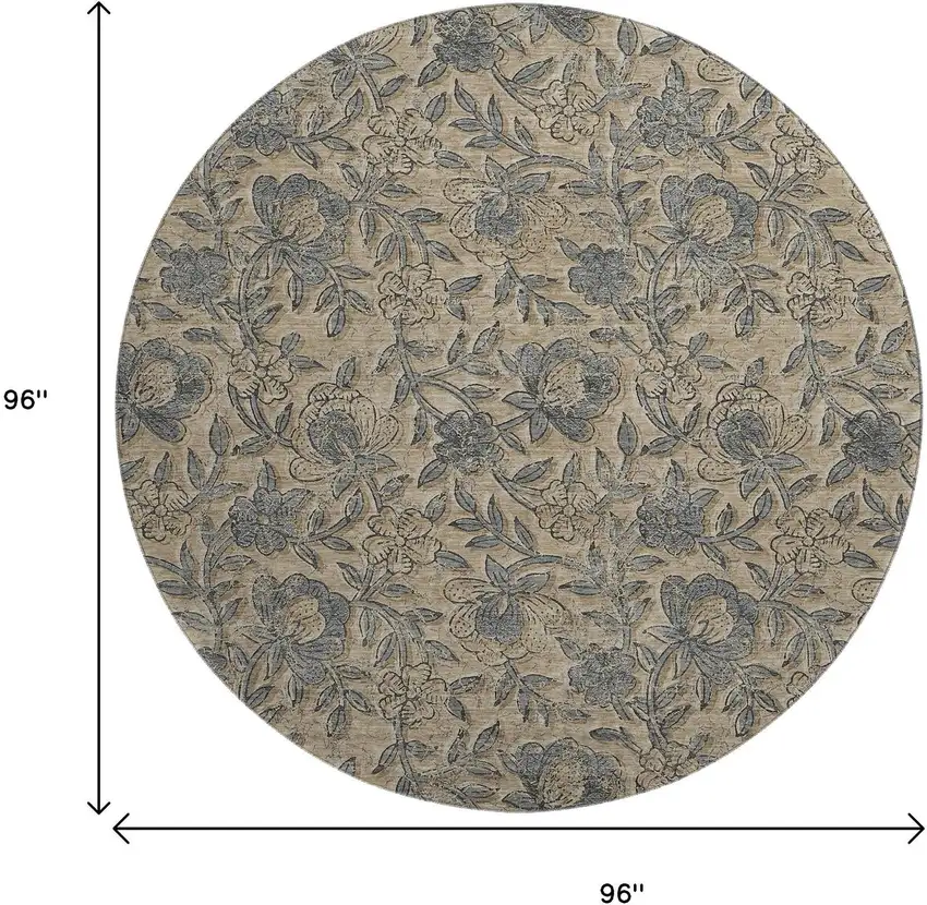 8' Khaki And Gray Floral Washable Round Rug With UV Protection Photo 3