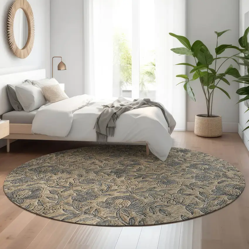 8' Khaki And Gray Floral Washable Round Rug With UV Protection Photo 5