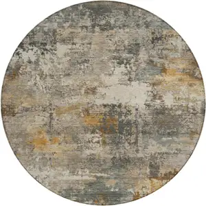 Photo of 8' Khaki And Gray Round Abstract Washable Indoor Outdoor Area Rug