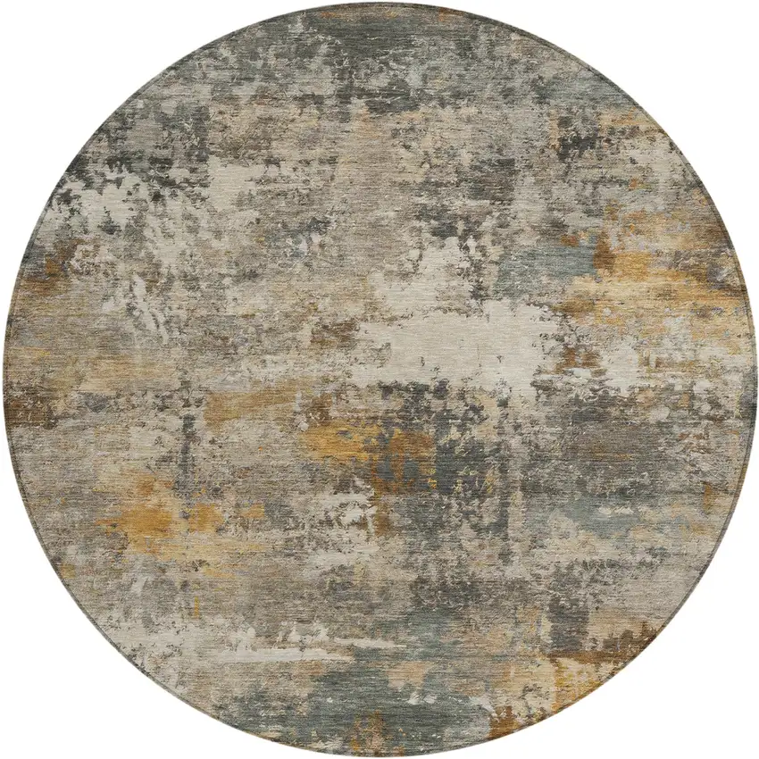 8' Khaki And Gray Round Abstract Washable Indoor Outdoor Area Rug Photo 1