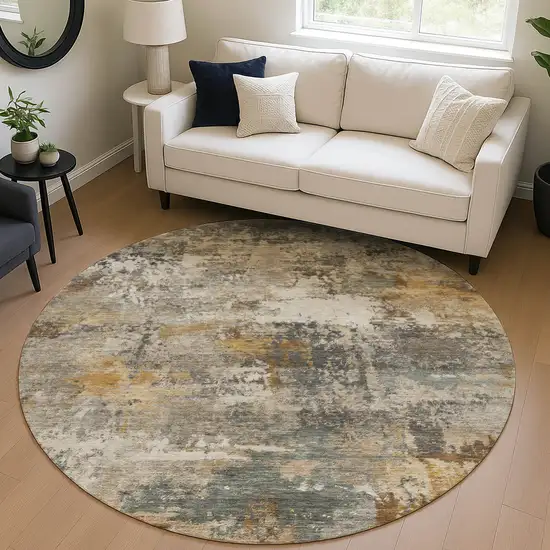 8' Khaki And Gray Round Abstract Washable Indoor Outdoor Area Rug Photo 5