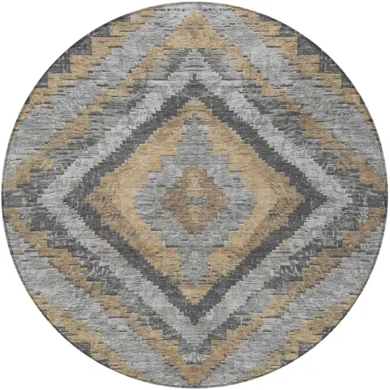 8' Khaki And Gray Round Aztec Washable Indoor Outdoor Area Rug Photo 4