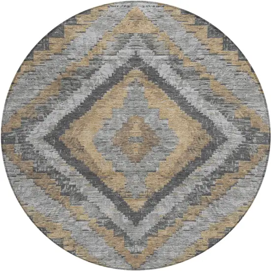 8' Khaki And Gray Round Aztec Washable Indoor Outdoor Area Rug Photo 1