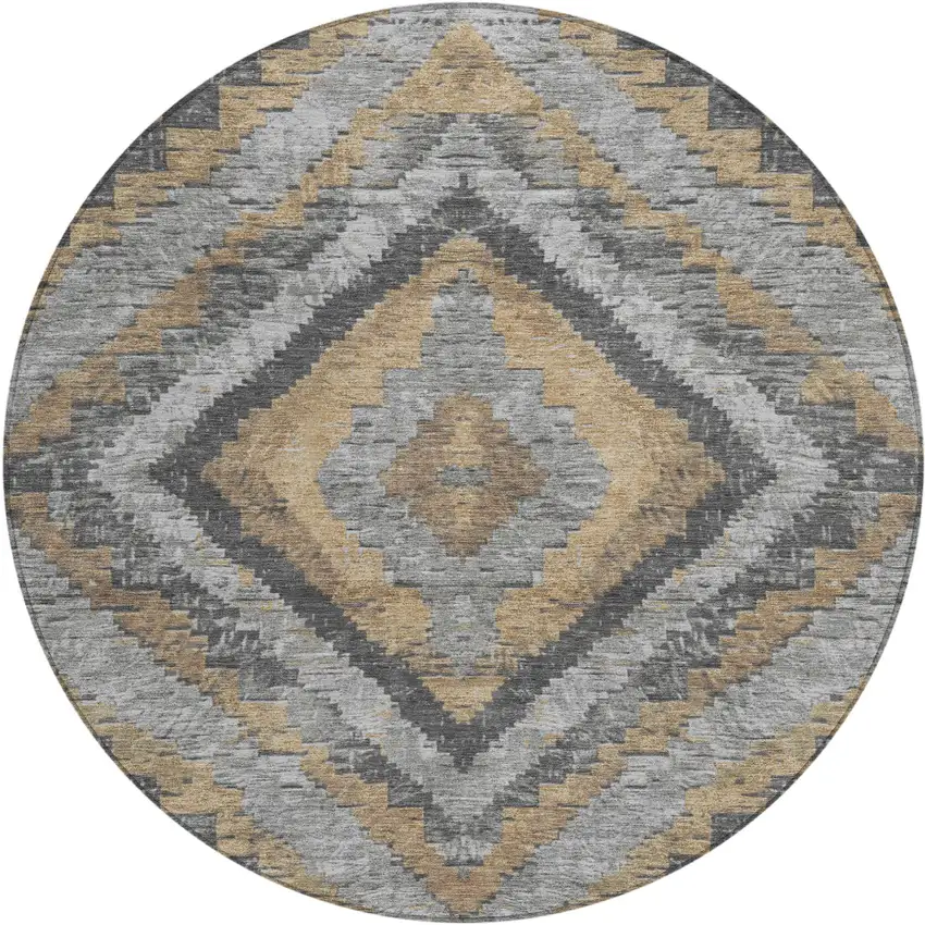 8' Khaki And Gray Round Aztec Washable Indoor Outdoor Area Rug Photo 1
