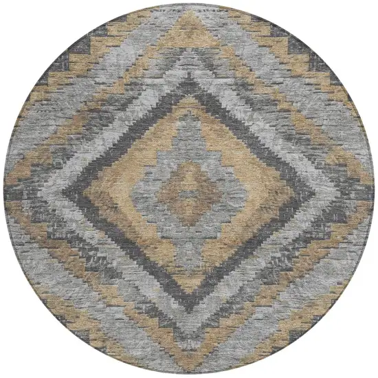 8' Khaki And Gray Round Aztec Washable Indoor Outdoor Area Rug Photo 3