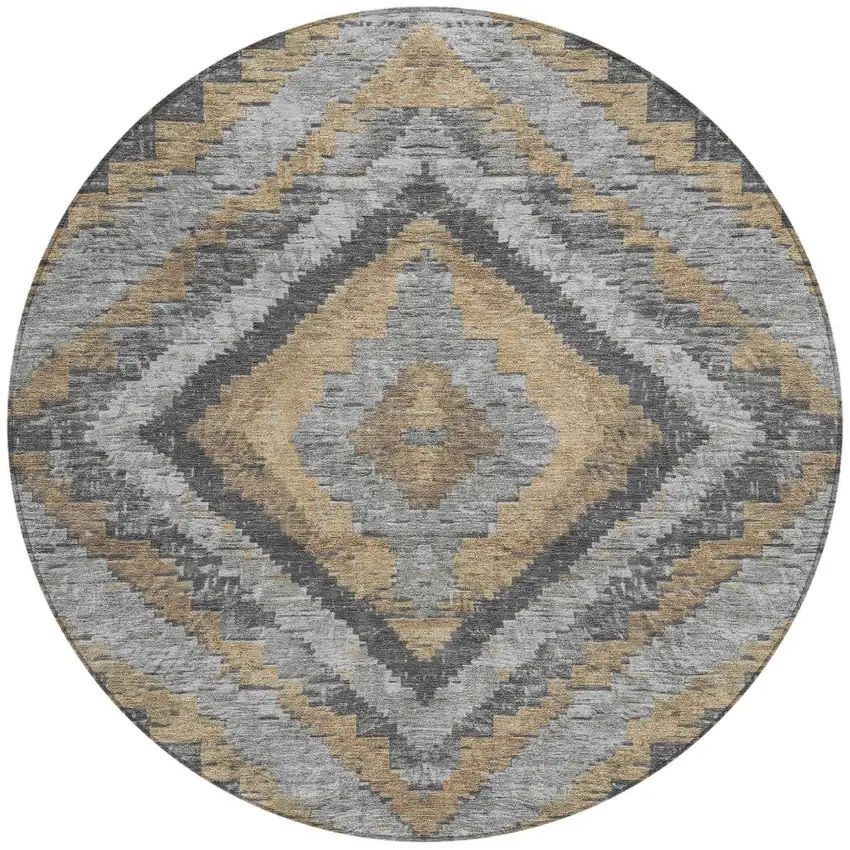8' Khaki And Gray Round Aztec Washable Indoor Outdoor Area Rug Photo 3