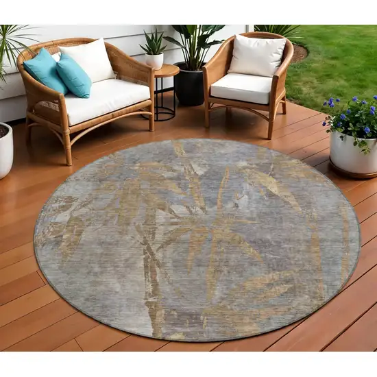 8' Khaki And Gray Round Botanical Leaves Washable Indoor Outdoor Area Rug Photo 2