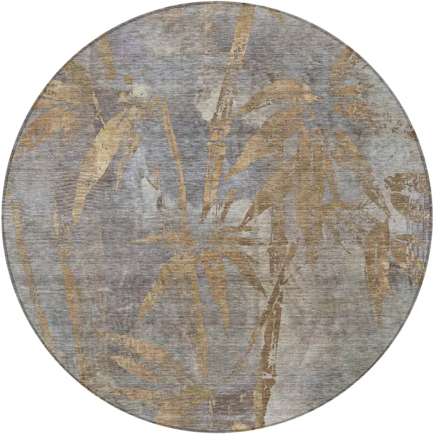 8' Khaki And Gray Round Botanical Leaves Washable Indoor Outdoor Area Rug Photo 3