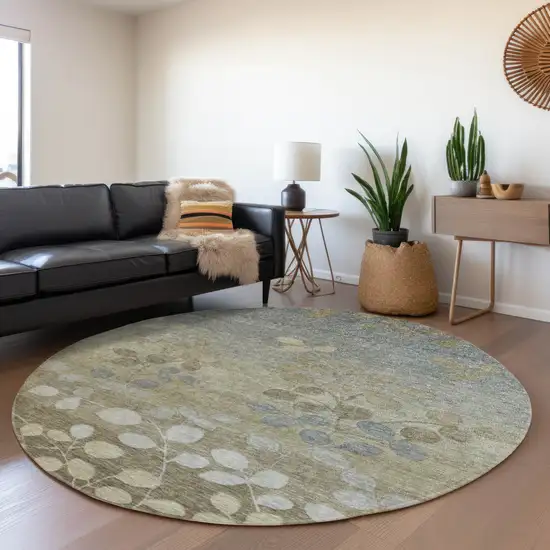 8' Khaki And Gray Round Floral Washable Indoor Outdoor Area Rug Photo 6
