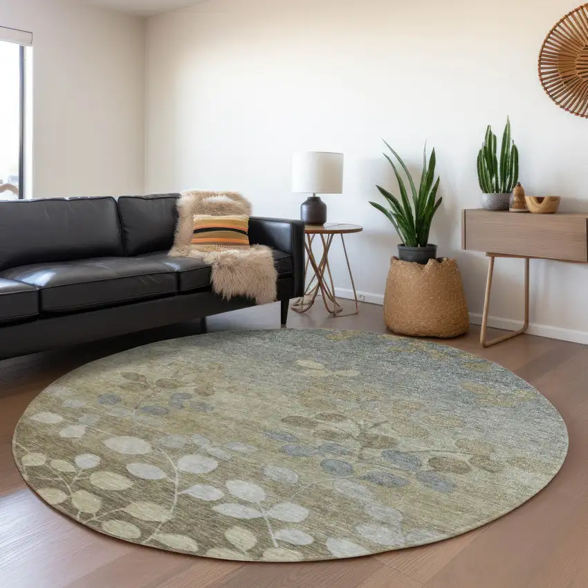8' Khaki And Gray Round Floral Washable Indoor Outdoor Area Rug Photo 6