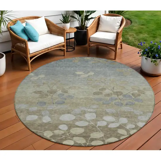 8' Khaki And Gray Round Floral Washable Indoor Outdoor Area Rug Photo 2