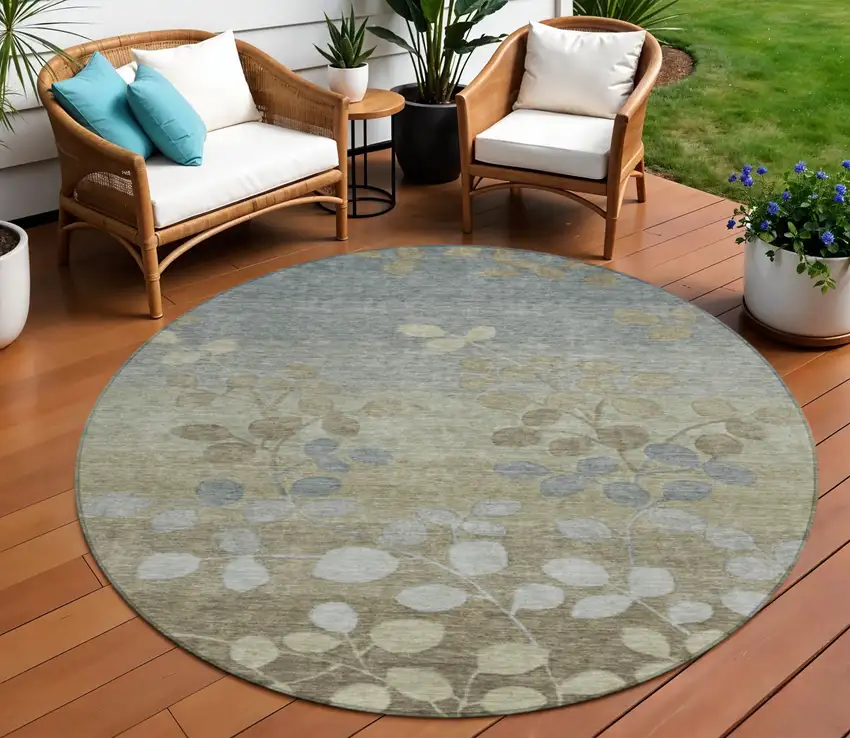 8' Khaki And Gray Round Floral Washable Indoor Outdoor Area Rug Photo 2
