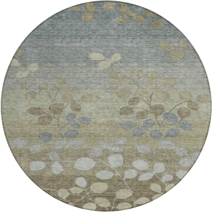 8' Khaki And Gray Round Floral Washable Indoor Outdoor Area Rug Photo 1