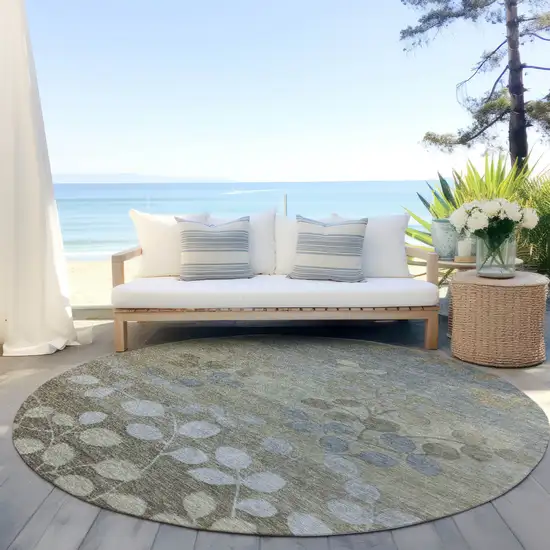 8' Khaki And Gray Round Floral Washable Indoor Outdoor Area Rug Photo 5