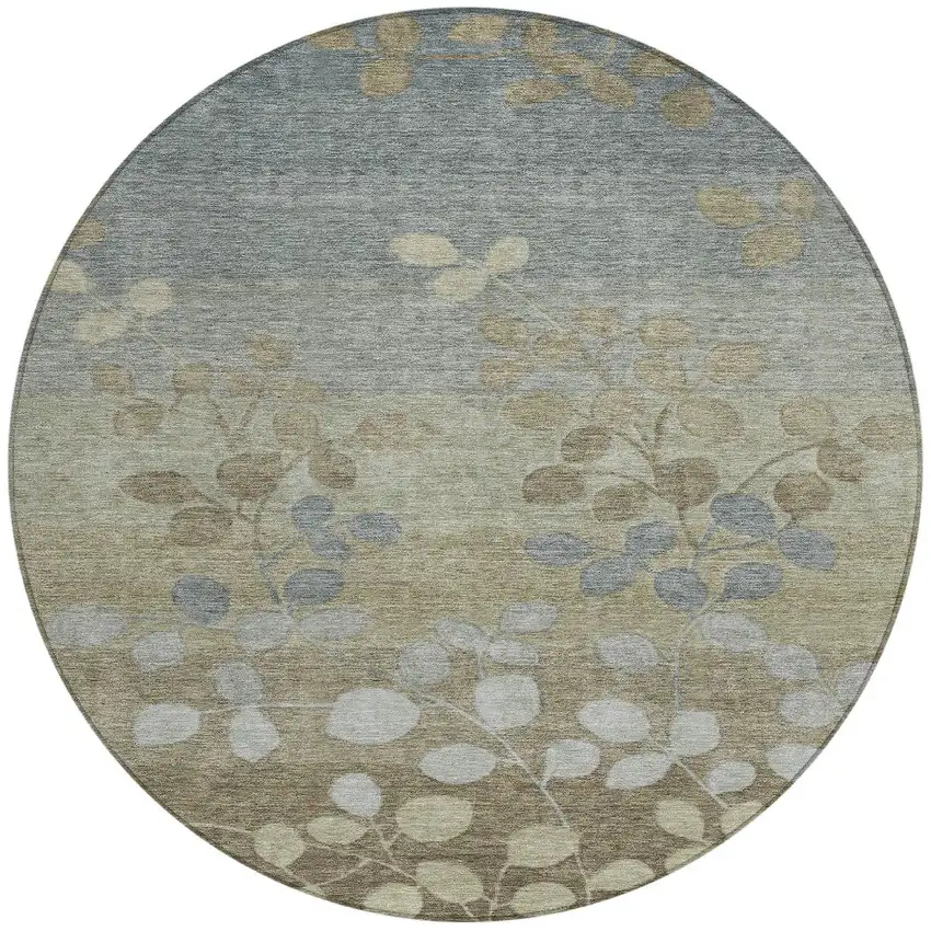 8' Khaki And Gray Round Floral Washable Indoor Outdoor Area Rug Photo 3
