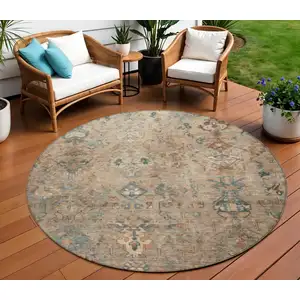 Photo of 8' Khaki And Gray Round Medallion Washable Indoor Outdoor Area Rug