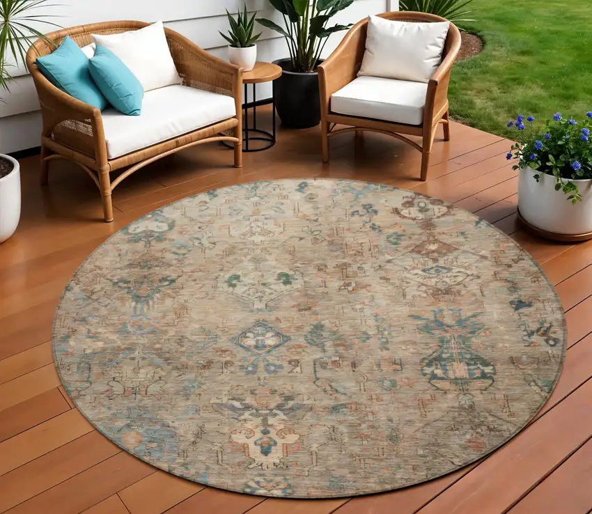 8' Khaki And Gray Round Medallion Washable Indoor Outdoor Area Rug Photo 1