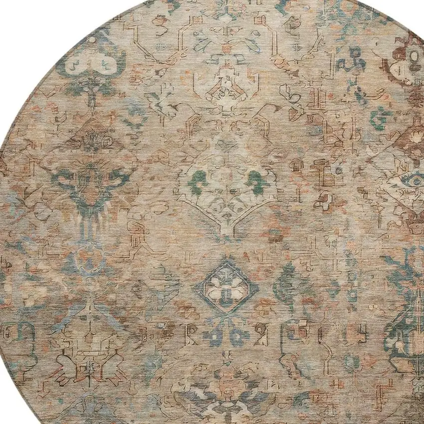 8' Khaki And Gray Round Medallion Washable Indoor Outdoor Area Rug Photo 6