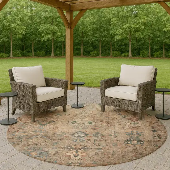 8' Khaki And Gray Round Medallion Washable Indoor Outdoor Area Rug Photo 9