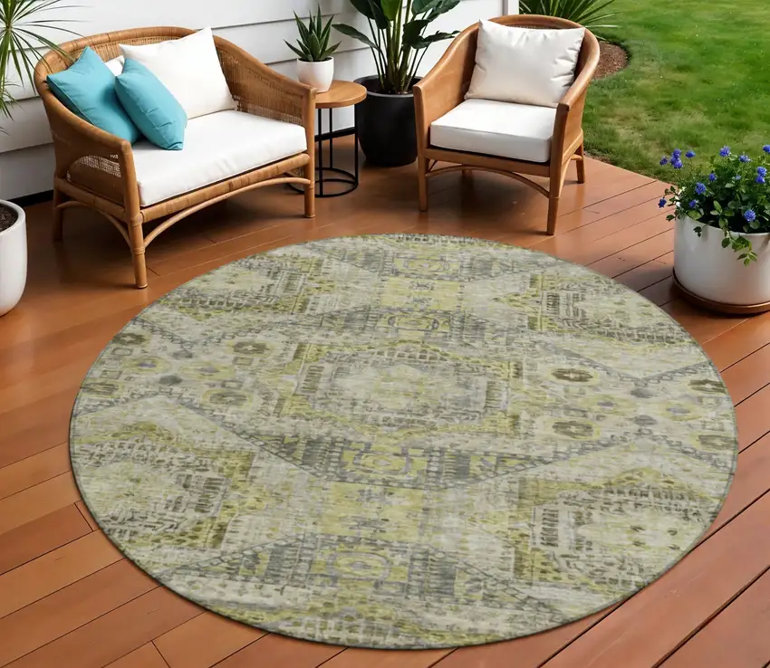 8' Khaki And Gray Round Moroccan Washable Indoor Outdoor Area Rug Photo 2