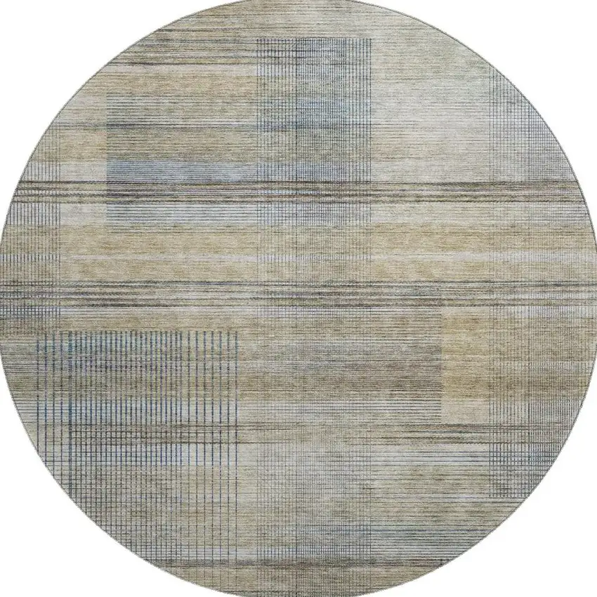 8' Khaki And Gray Striped Washable Round Rug With UV Protection Photo 4