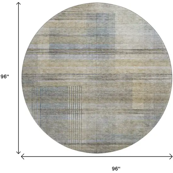 8' Khaki And Gray Striped Washable Round Rug With UV Protection Photo 3
