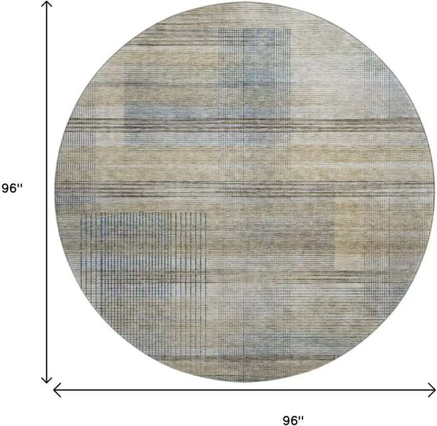 8' Khaki And Gray Striped Washable Round Rug With UV Protection Photo 3