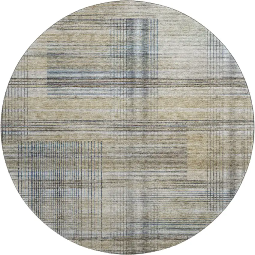 8' Khaki And Gray Striped Washable Round Rug With UV Protection Photo 1