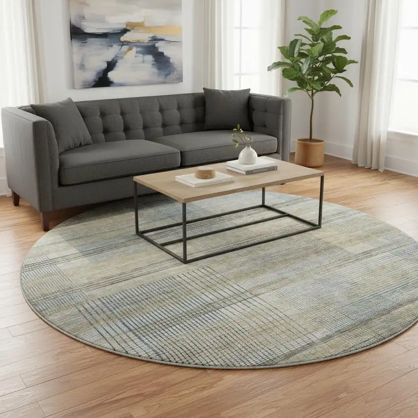 8' Khaki And Gray Striped Washable Round Rug With UV Protection Photo 2