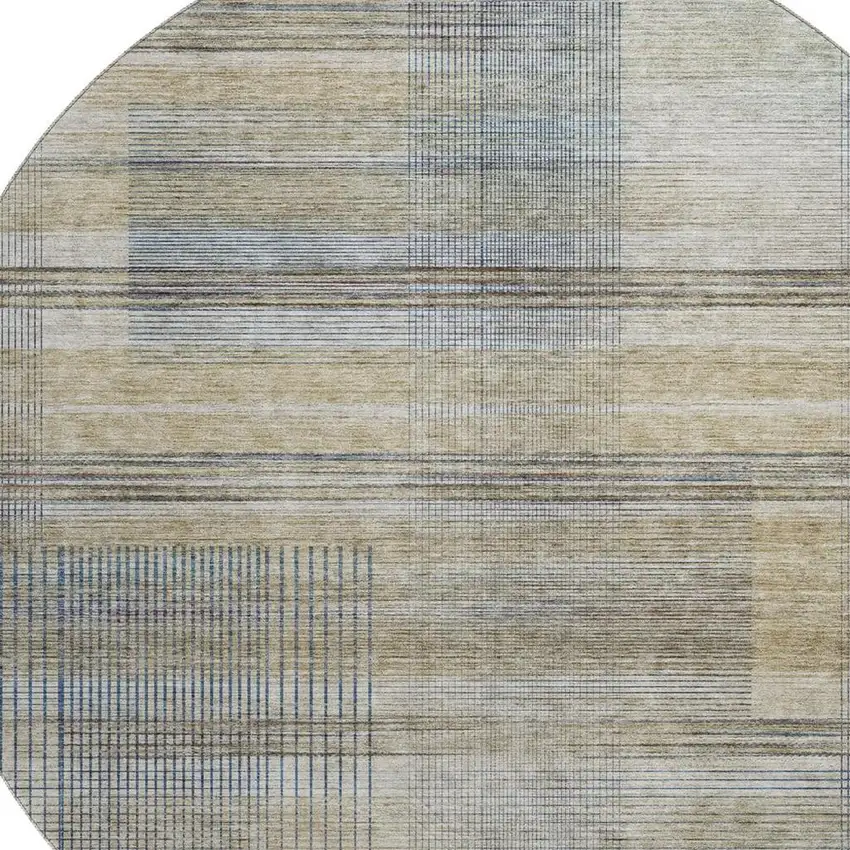 8' Khaki And Gray Striped Washable Round Rug With UV Protection Photo 3