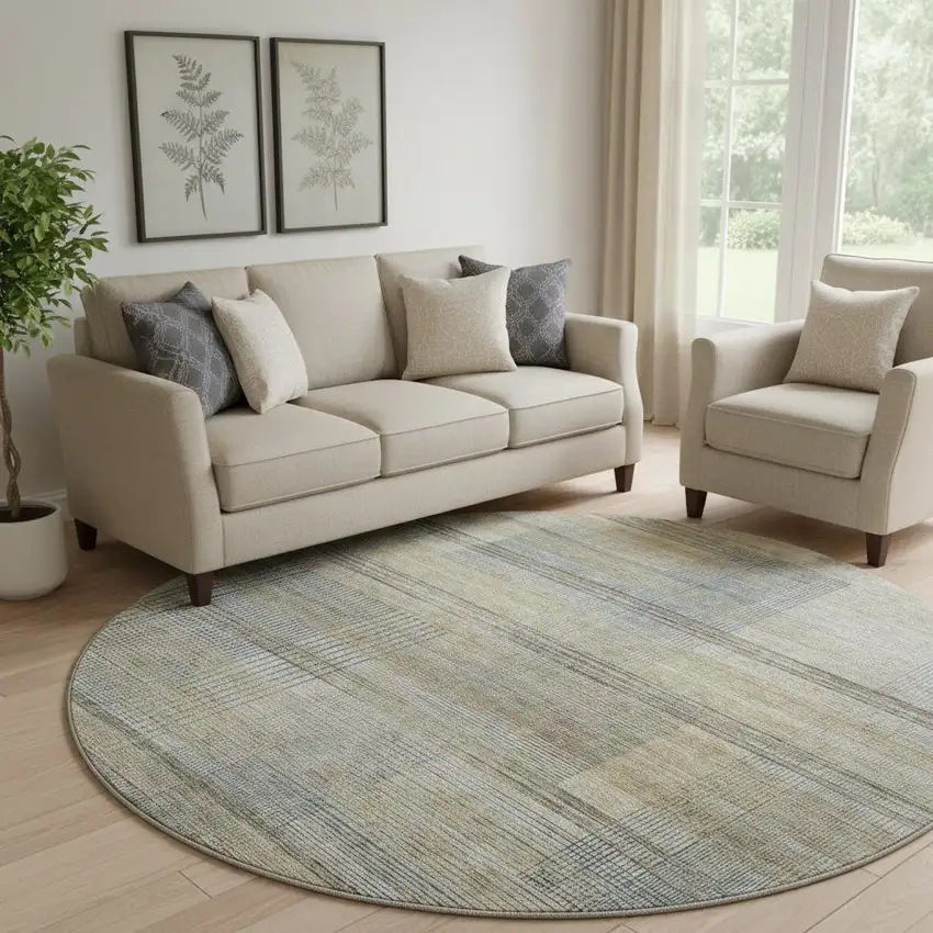 8' Khaki And Gray Striped Washable Round Rug With UV Protection Photo 1