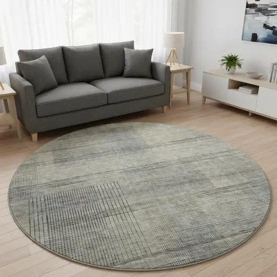 8' Khaki And Gray Striped Washable Round Rug With UV Protection Photo 2