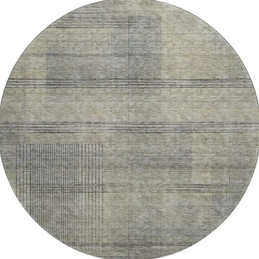 8' Khaki And Gray Striped Washable Round Rug With UV Protection Photo 4
